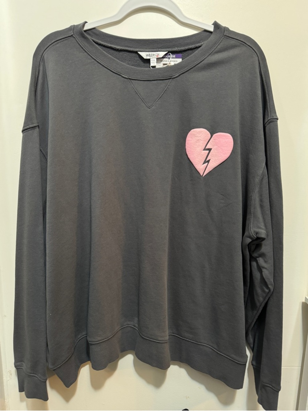 Wildfox Charcoal Gray Crewneck with Pink Broken Heart Patch